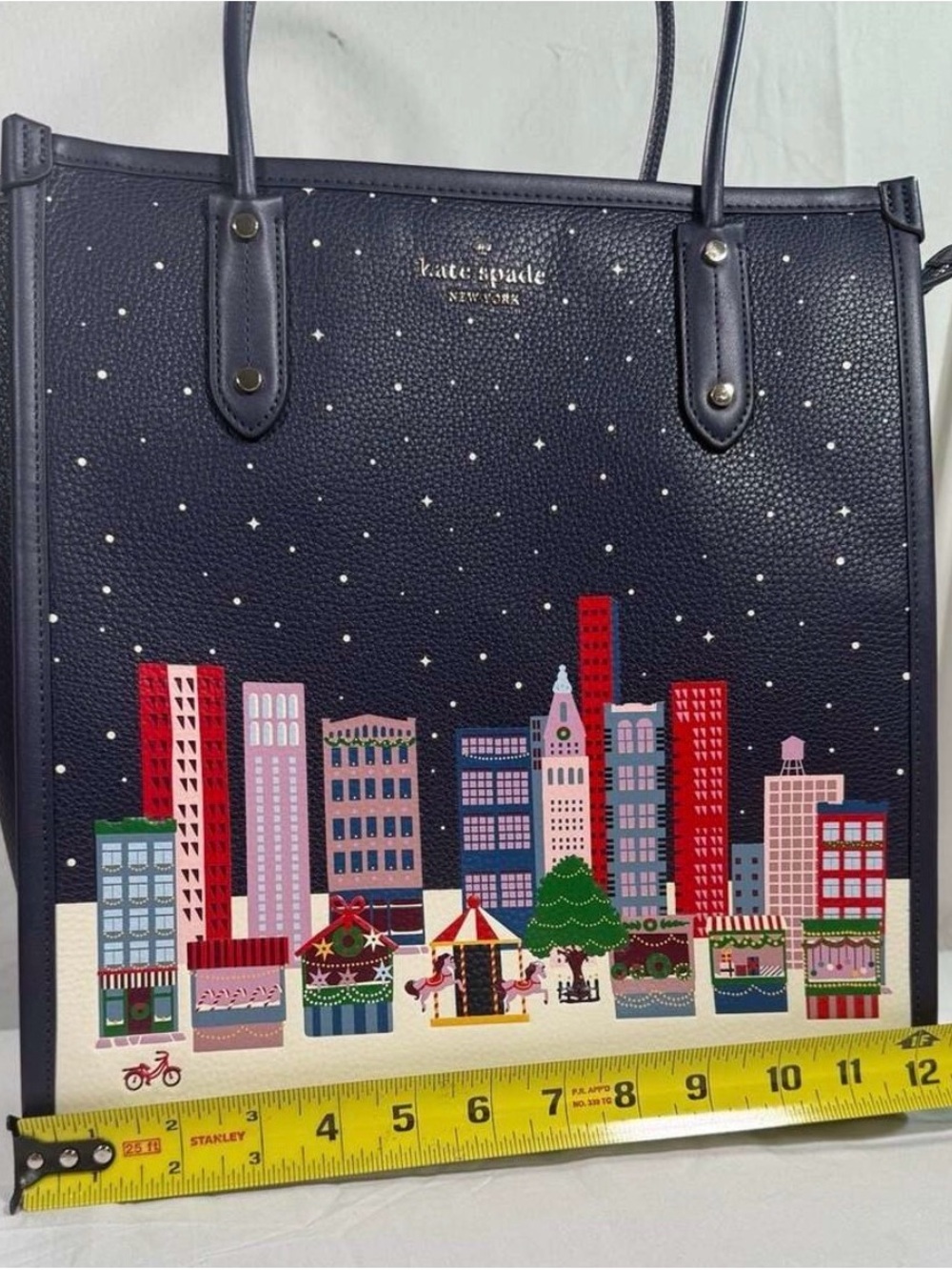 kate spade navy cityscape holiday tote with colorful skyline